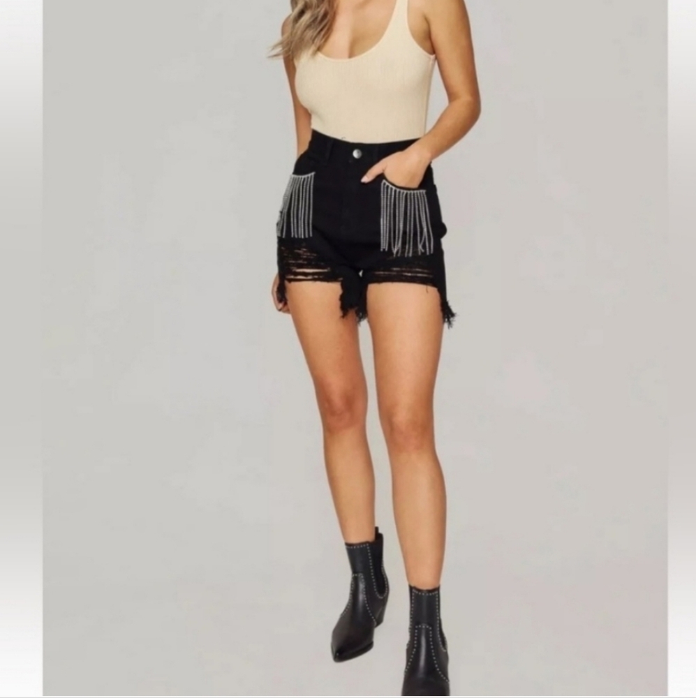 Buddy Love Black Rhinestone Fringe Shorts